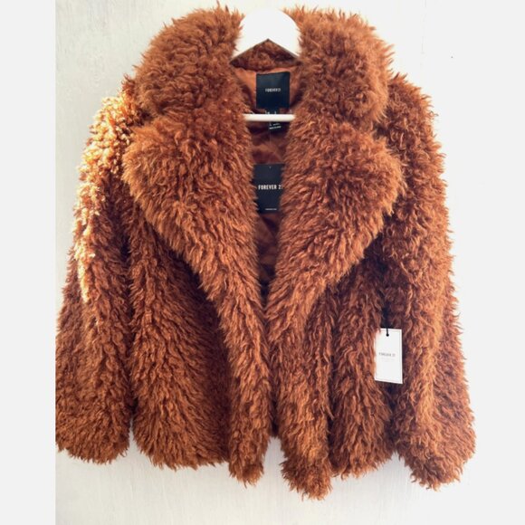 FOREVER 21 Brown Shaggy Teddy Bear Coat Jacket Collar Quilted Lining Size S NWT - Picture 1 of 6
